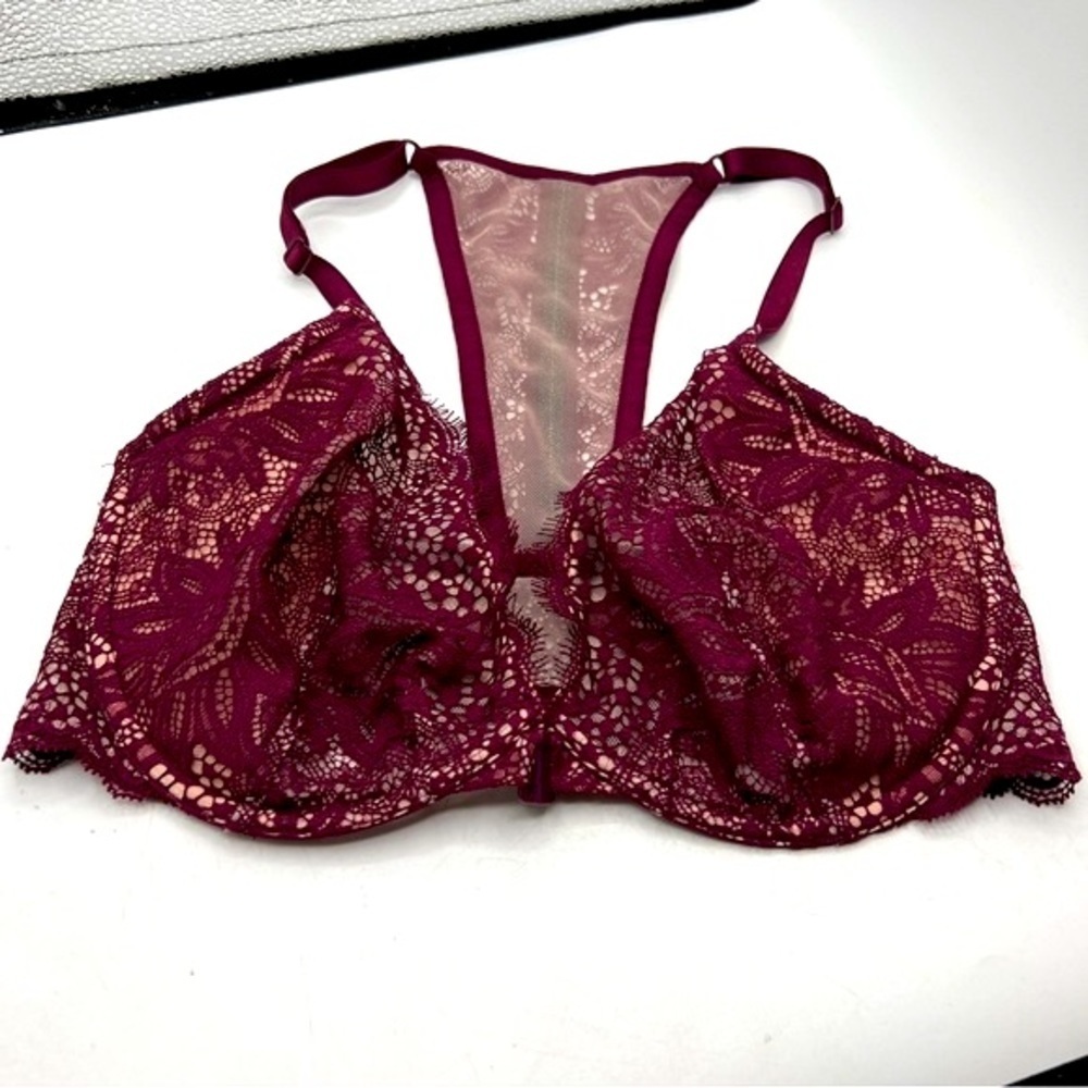 Victoria's Secret Very Sexy Lace Front Closure Padded Burgundy Embroidered Bra